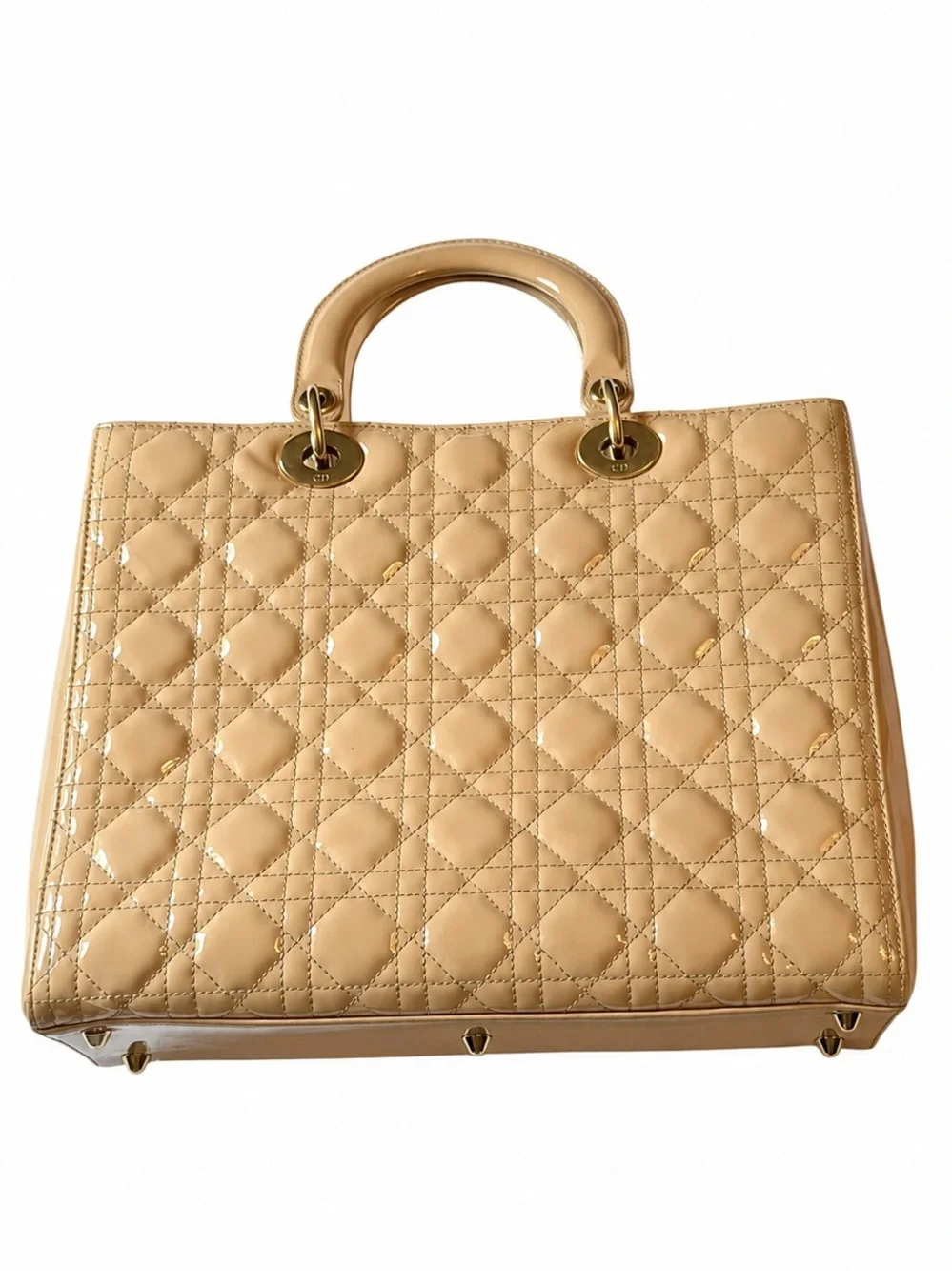 Christian Dior Large Lady Dior Patent Leather Tote Beige/Nude with Strap